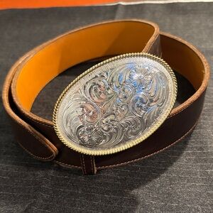 Large western Silver Belt Buckle and Leather Belt with marked Silver Mexico